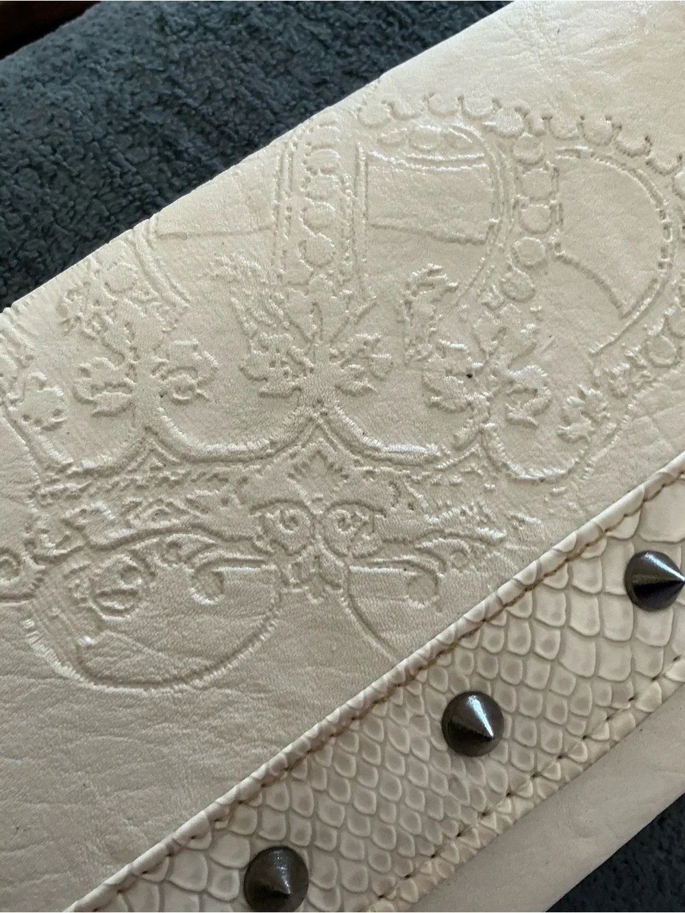 Women's Embossed Cream Wallet with Studded Snake-Trim